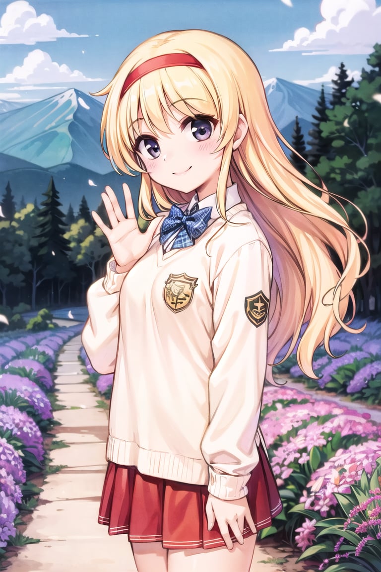 (best picture, best quality, best quality score: 1.3), (sharpest picture quality), perfect beauty: 1.5, blonde, long hair, (school uniform), (red colored pleated skirt), pretty girl, yellow sweater, (girl standing in lavender field ), (solitude), (best smile), (very beautiful view), ( fluttering skirt), (pleated skirt),,red uniform, red skirt, hair band, waving hands,