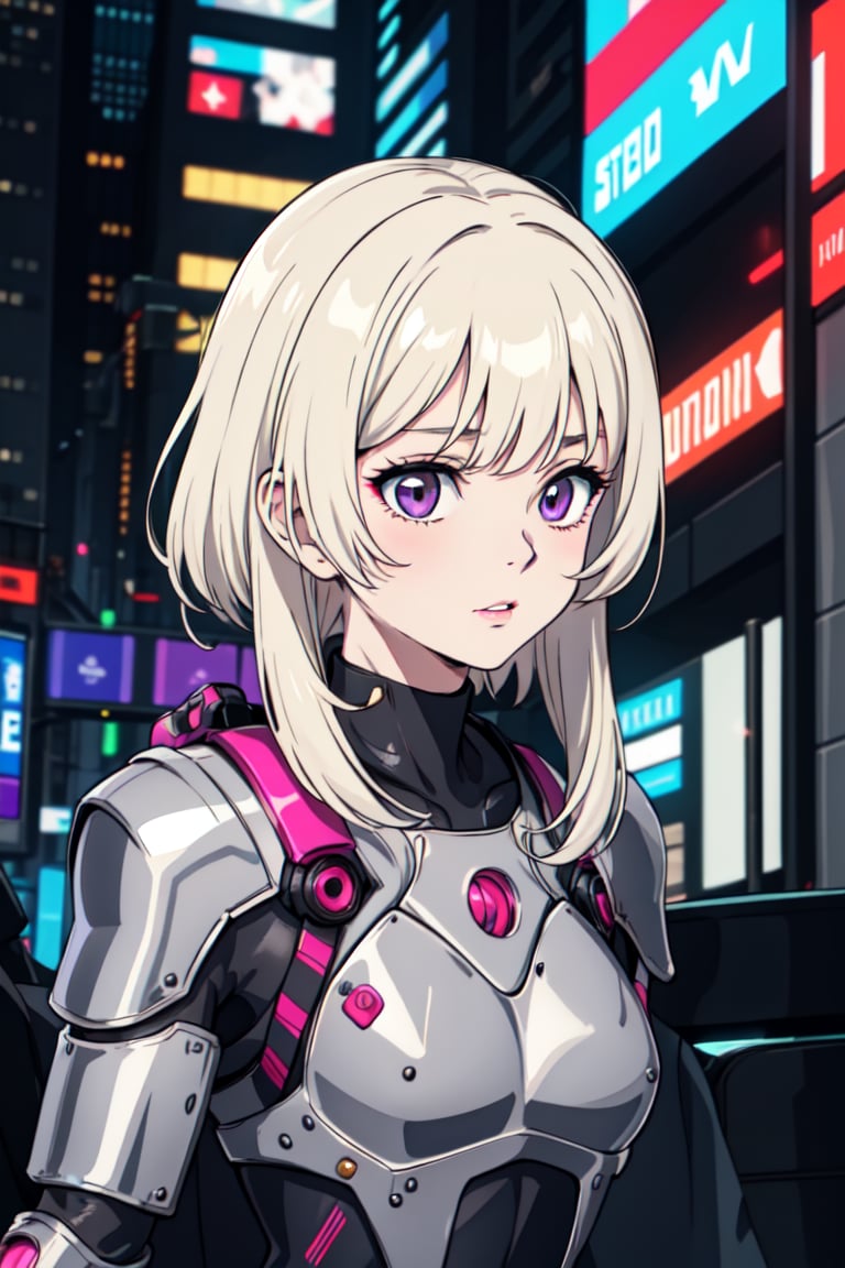 girl,Cyberpunk style cool armor,In a city filled with a sense of technology,upper body,straight-on