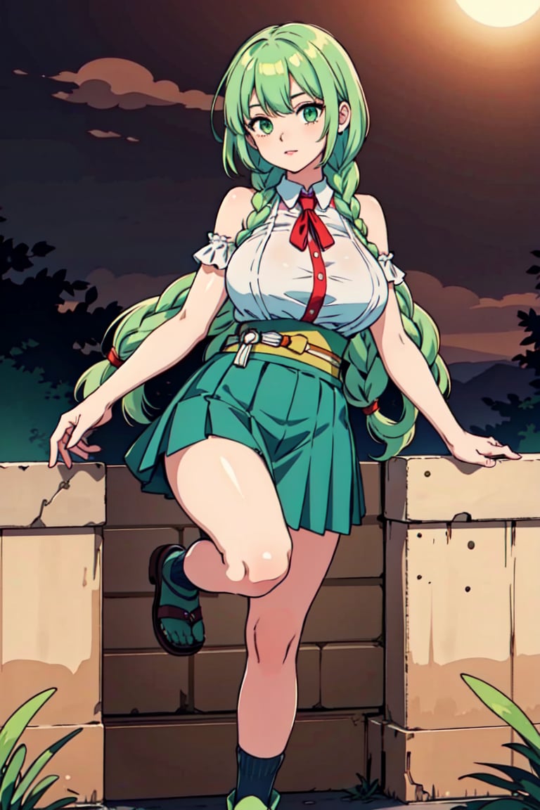 masterpiece, best quality, 1girl, large breasts, shoulder sash, overall skirt ,clog sandals, loose socks, savannah, evening, standing on one leg, light green hair , green eyes, colored tips, single hair intake, long hair, tri braids