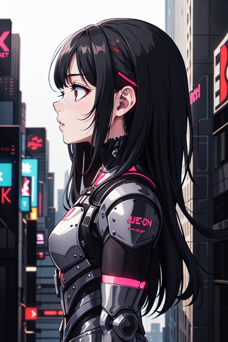 girl,Cyberpunk style cool armor,In a city filled with a sense of technology,upper body,profile