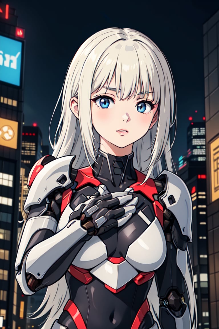 girl,High tech mechanical limb armor,In a city filled with a sense of technology,upper body,