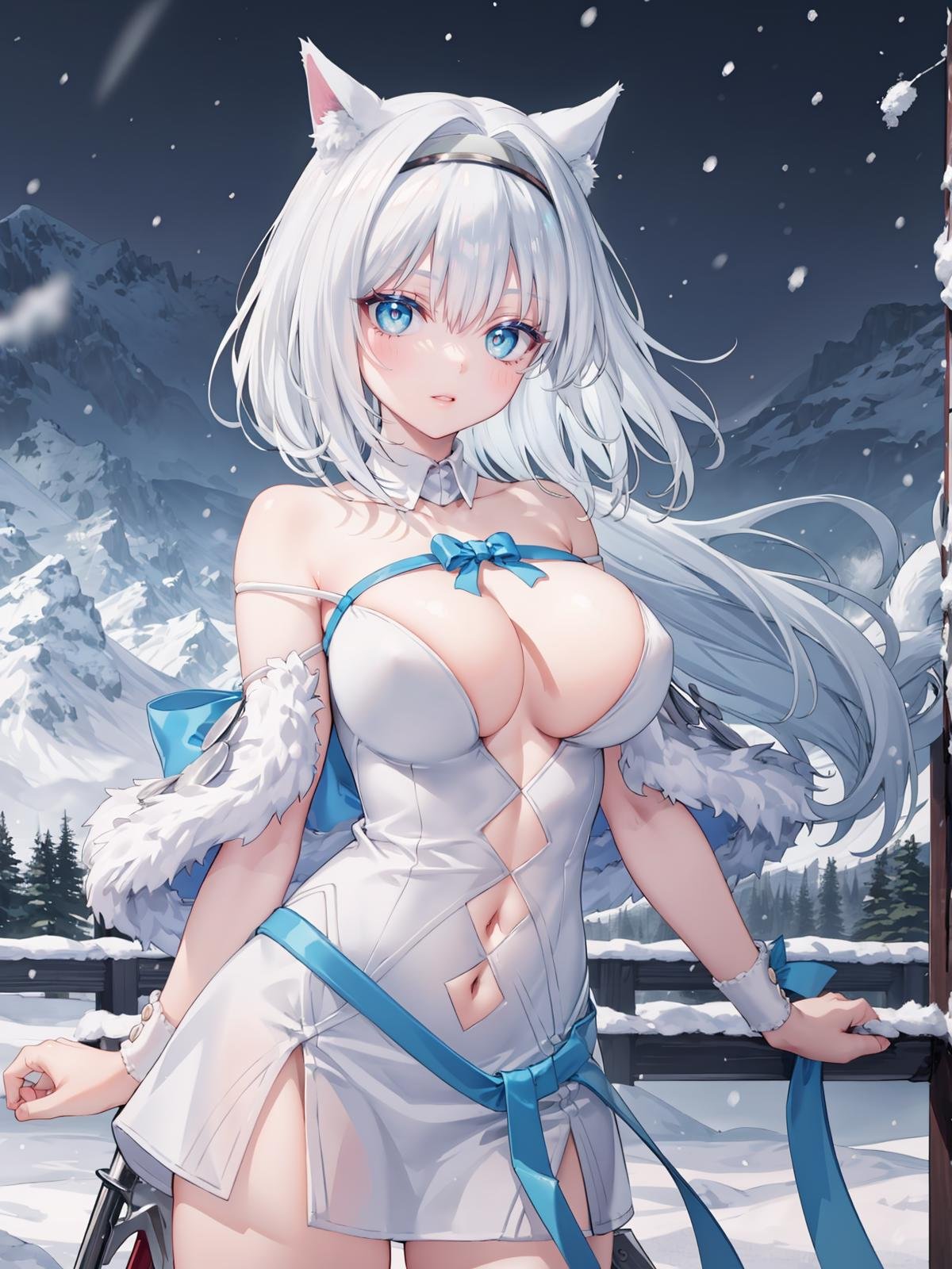 (extremely detailed CG, best quality:1.1), 1girl, perfect face, bright pupils, (finely detailed beautiful eyes:1.1), shiny skin, lustrous skin, wide hips, narrow waist, cat ears, white hair, blue ribbon, blue bow, ribbon, hairband, white dress, short dress, bare shoulders, low ponytail, cleavage, detached collar, hair bow, detached sleeves, cat tail, fur trim, clothing cutout, blue thighhighs, capelet, fur-trimmed capelet, knee boots, armored boots, grey background,  simple background, cowboy shot, very long hair, snowing, snow, mountainous horizon, large breasts,  <lora:DobrynyaNikitich:0.7>