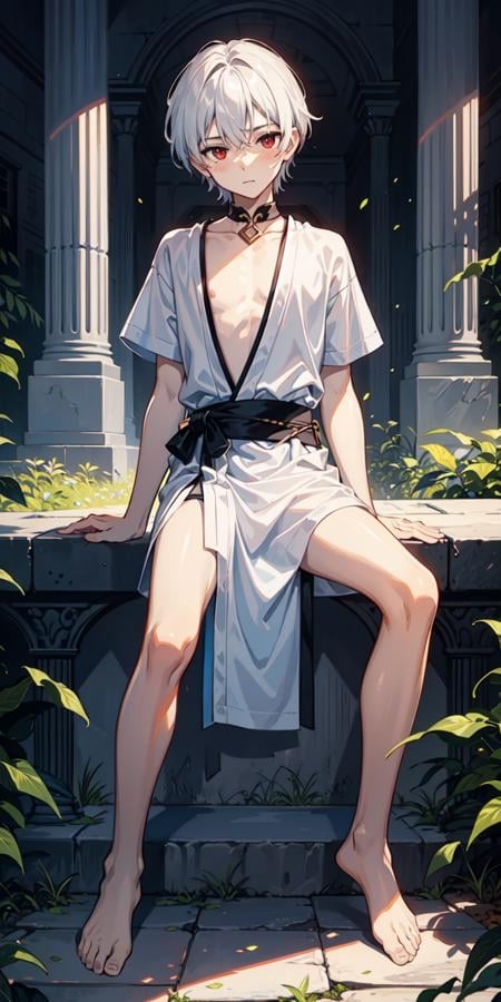 (AS-Young:1.3), <lyco:GoodHands-beta2:0.75>,(1boy:1.3), (male focus:1.2), solo, solo focus,masterpiece, ((exquisite_detail)), illustration, (handsome), extremely_detailed_CG,red eyes, white hair, blush, greek tunic, white tunic, leaf, looking at viewer, greek temple, lake, sitting down, (spread legs:0.9), (barefoot:0.9), 