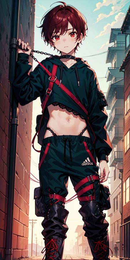 (AS-Young:1.3), <lyco:GoodHands-beta2:1.0>,(1boy:1.3), (male focus:1.3), solo, solo focus, masterpiece, ((exquisite_detail)), illustration, (handsome), extremely_detailed_CG, red eyes, red hair, (harness:1.3), (oversized black crop hoodie:1.2), (midriff:1.1), (adidas:1.1), blush, (bulge:1.1), science fiction, (lace-up boots:1.3), cargo pants, techwear