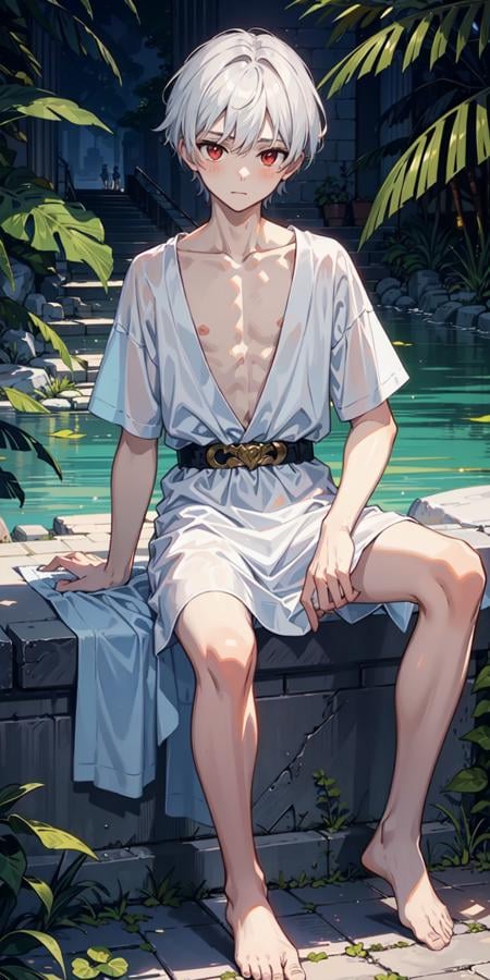 (AS-Young:1.3), <lyco:GoodHands-beta2:0.75>,(1boy:1.3), (male focus:1.2), solo, solo focus,masterpiece, ((exquisite_detail)), illustration, (handsome), extremely_detailed_CG,red eyes, white hair, blush, greek tunic, white tunic, leaf, looking at viewer, greek temple, lake, sitting down, (spread legs:0.9), barefoot, 