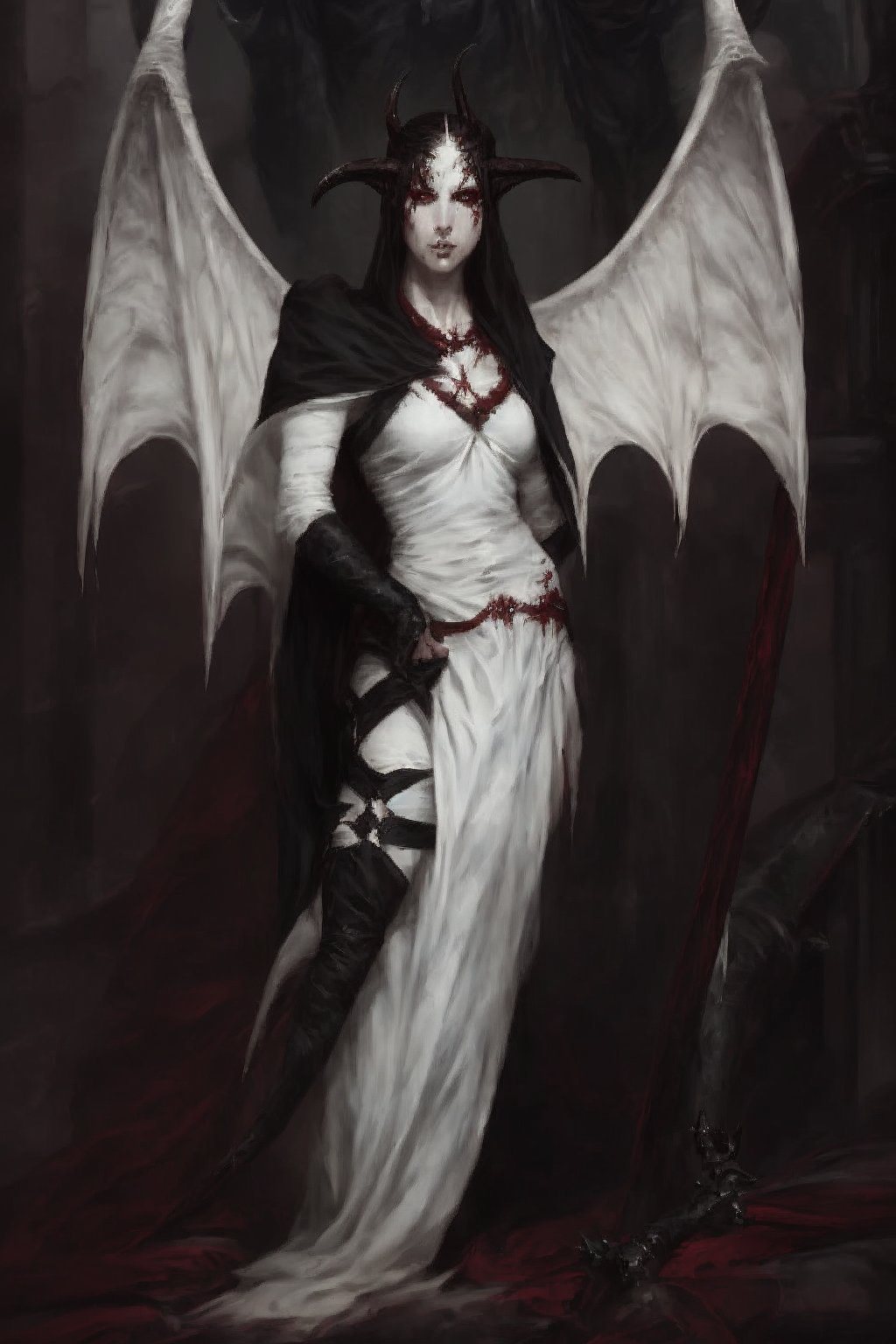 portrait of lilith succubi, white veil dress, in d4 style, roman background