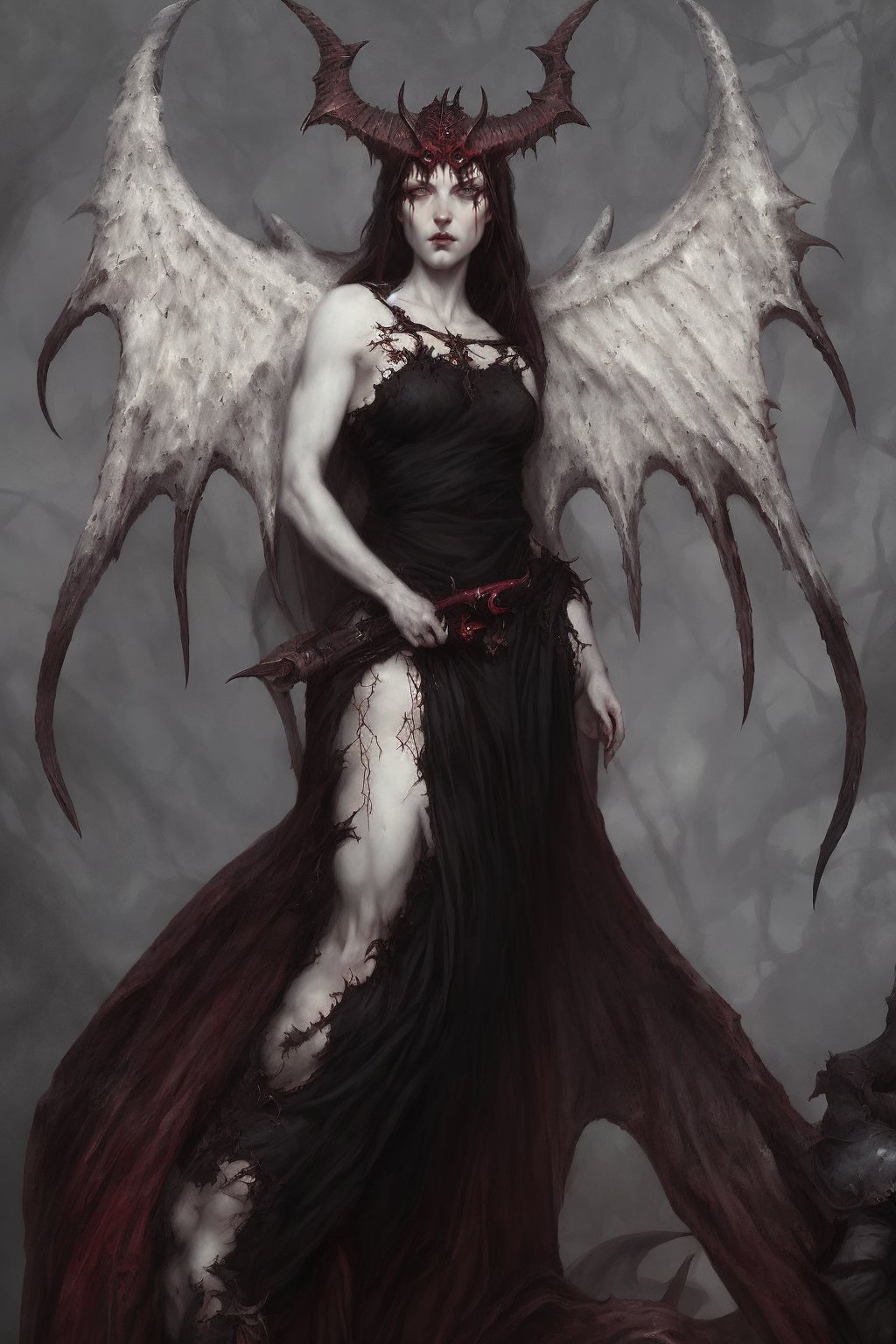 portrait of lilith succubi,  white veil dress,  wings,  thorny crown,  in d4 style,  roman barren background