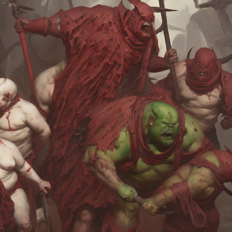 in d4 style, obese green hulk imp in armor, red cloth , medieval style oil painting