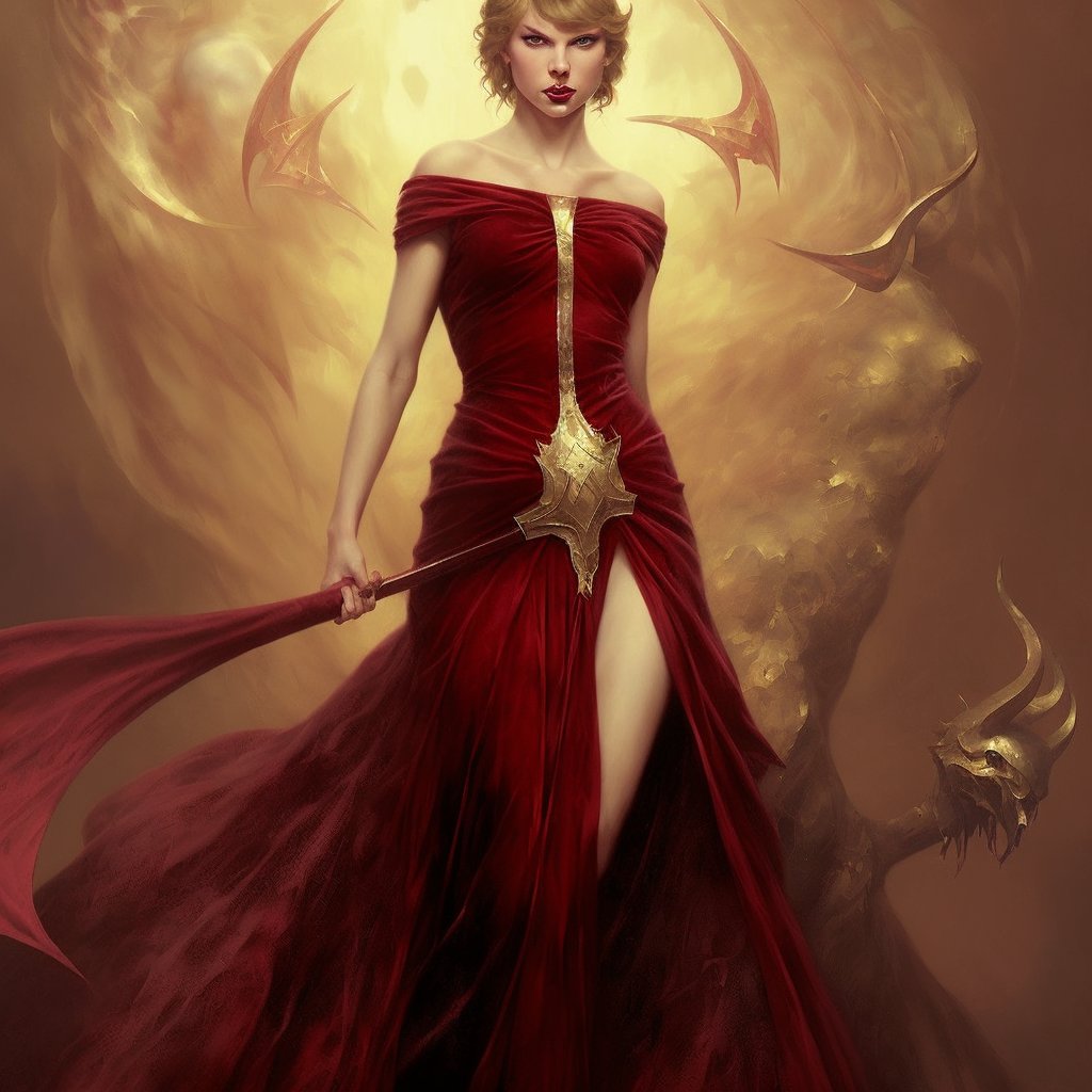 upperbody portrait of young pretty taylor swift in d4 style, red gold velvet dress, oil painting by karol bak, face, windy