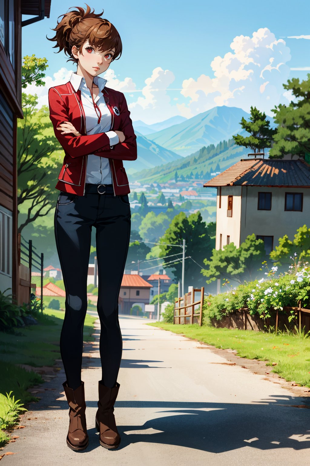 ((masterpiece, best quality))<lora:Persona3KotoneShiomi:0.8>Persona3KotoneShiomi, 1girl, solo, brown hair, red eyes, standing in front of a picturesque landscape, full body, with arms folded