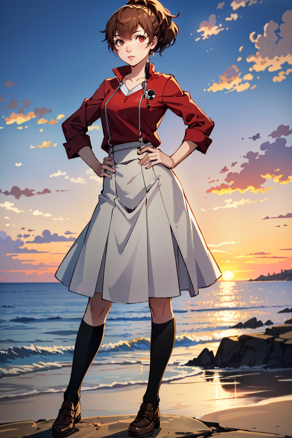 ((masterpiece, best quality))<lora:Persona3KotoneShiomi:0.8>Persona3KotoneShiomi, 1girl, solo, brown hair, red eyes, Standing on a cliff by the sea, the sunset in the background, full body, with hands on hips