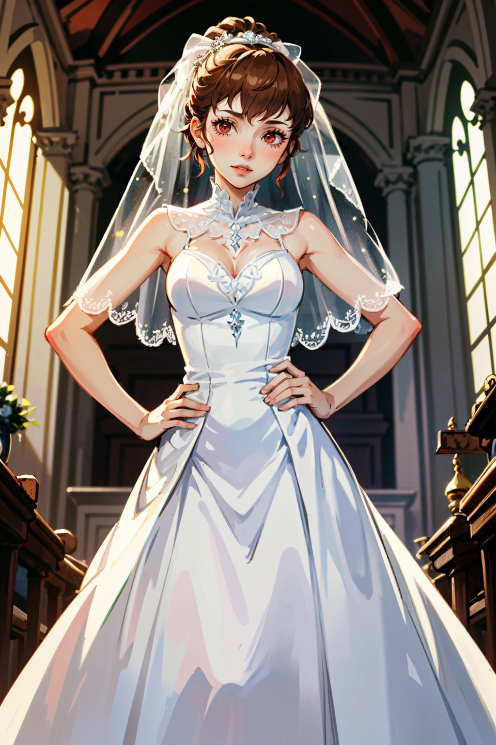 ((masterpiece, best quality))<lora:Persona3KotoneShiomi:0.8>Persona3KotoneShiomi, 1girl, solo, brown hair, red eyes, wearing a stunning wedding dress, bridal veil, inside a beautiful church, with hands on hips