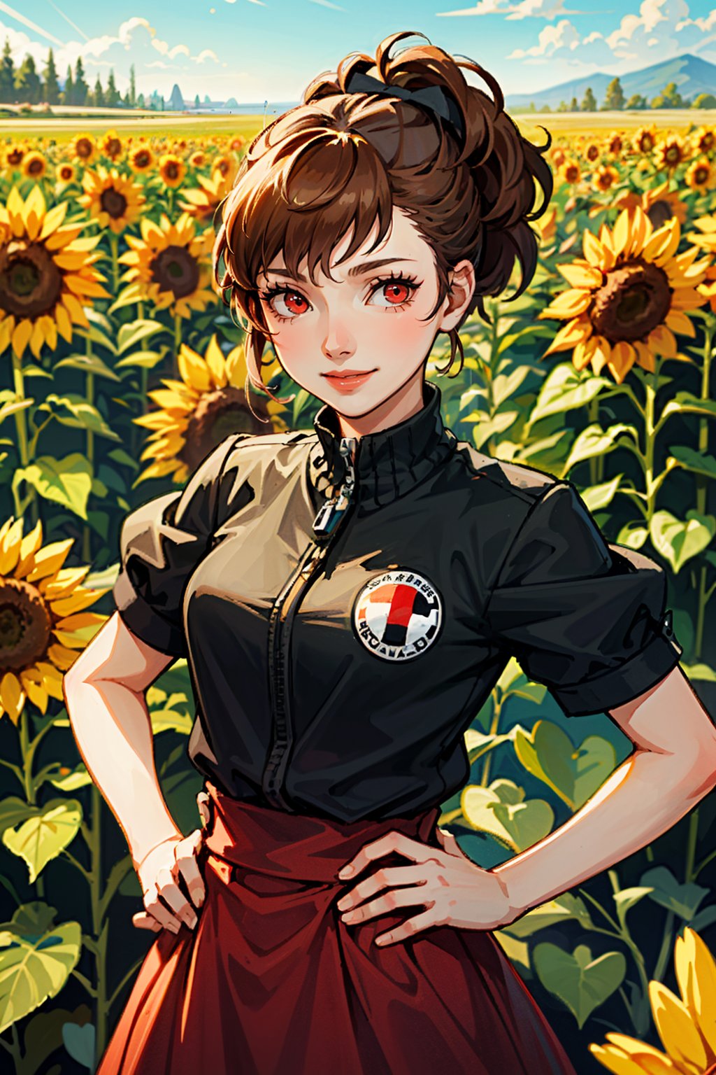 ((masterpiece, best quality))<lora:Persona3KotoneShiomi:0.8>Persona3KotoneShiomi, 1girl, solo, brown hair, red eyes, surrounded by sunflowers in a bright field, smiling, with hands on hips