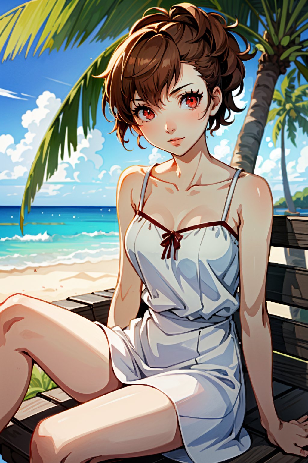 ((masterpiece, best quality))<lora:Persona3KotoneShiomi:0.8>Persona3KotoneShiomi, 1girl, solo, brown hair, red eyes, on a tropical island, sundress, palm trees, sitting cross-legged