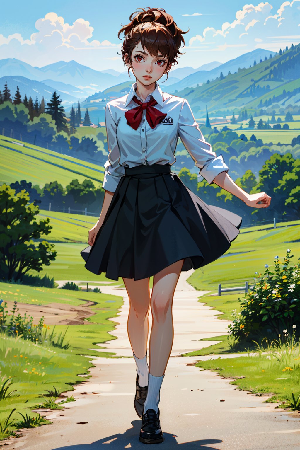 ((masterpiece, best quality))<lora:Persona3KotoneShiomi:0.8>Persona3KotoneShiomi, 1girl, solo, brown hair, red eyes, standing in front of a picturesque landscape, full body, with arms folded