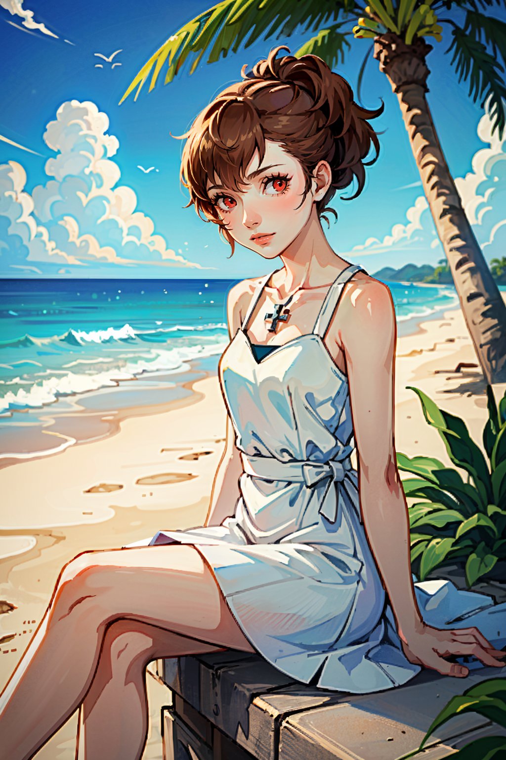 ((masterpiece, best quality))<lora:Persona3KotoneShiomi:0.8>Persona3KotoneShiomi, 1girl, solo, brown hair, red eyes, on the sandy beach, minidress, palm trees in the background, sitting cross-legged