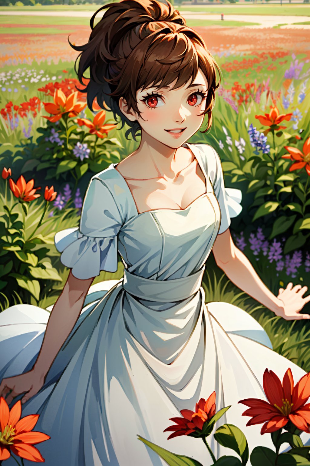 ((masterpiece, best quality))<lora:Persona3KotoneShiomi:0.8>Persona3KotoneShiomi, 1girl, solo, brown hair, red eyes, In a field of wildflowers, wearing a flowing dress, smiling