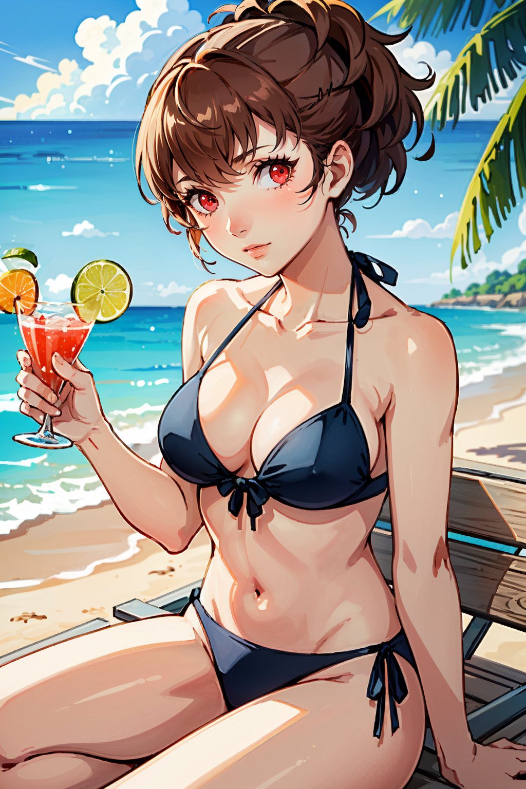 ((masterpiece, best quality))<lora:Persona3KotoneShiomi:0.8>Persona3KotoneShiomi, 1girl, solo, brown hair, red eyes, at a beachside resort, bikini, holding a colorful cocktail