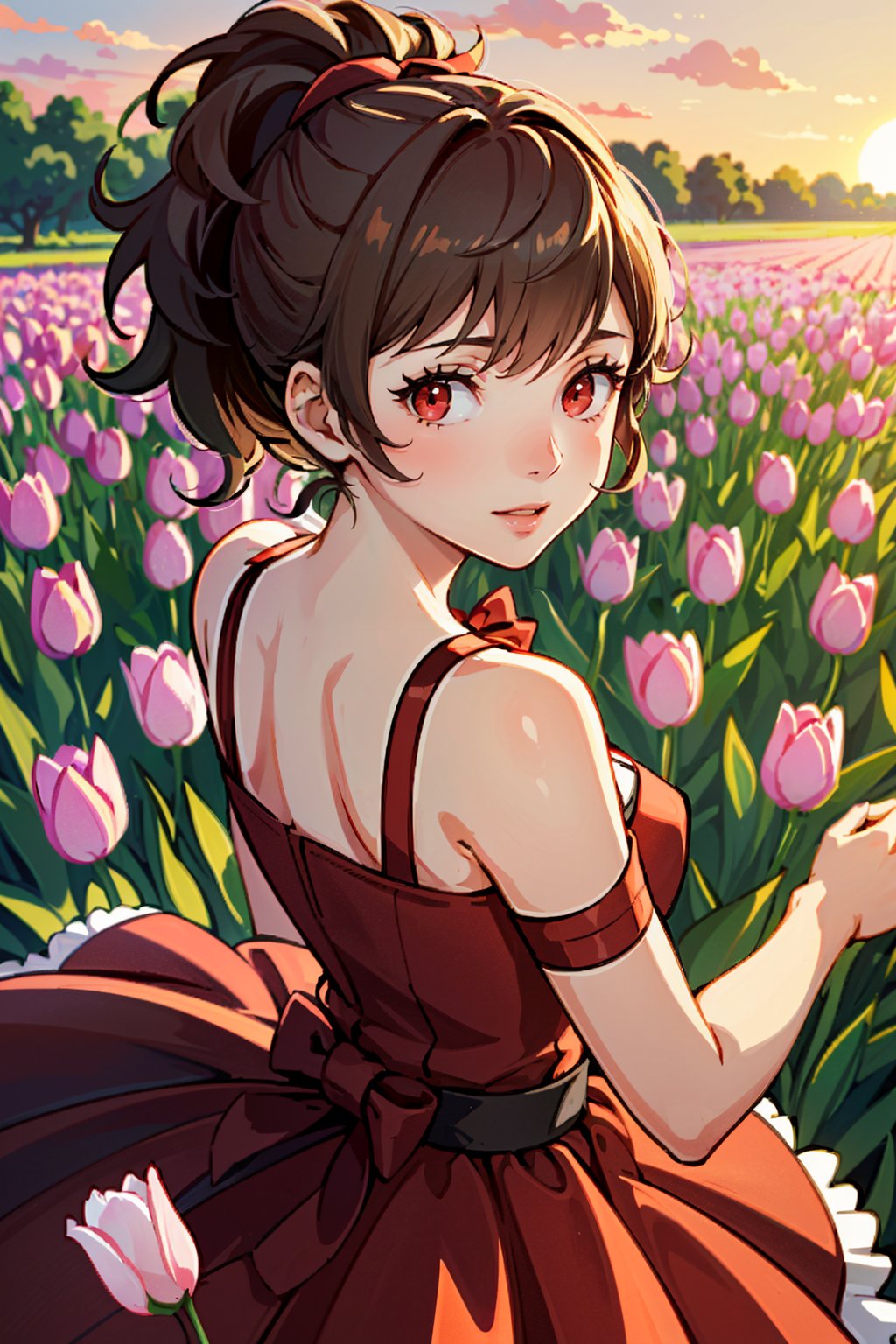 ((masterpiece, best quality))<lora:Persona3KotoneShiomi:0.8>Persona3KotoneShiomi, 1girl, solo, brown hair, red eyes, In a field of tulips at golden hour, elegant dress, twirling with joy