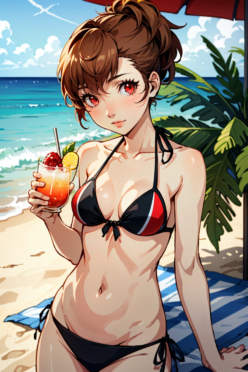 ((masterpiece, best quality))<lora:Persona3KotoneShiomi:0.8>Persona3KotoneShiomi, 1girl, solo, brown hair, red eyes, at a beachside resort, bikini, holding a colorful cocktail