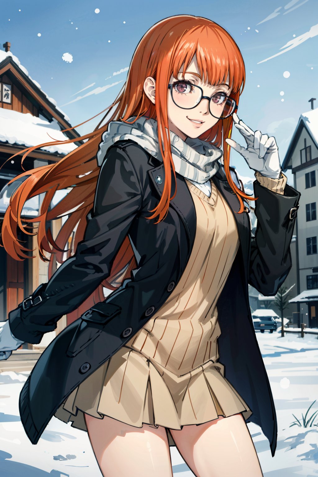 ((masterpiece, best quality))<lora:Persona5FutabaSakura:0.9>Persona5FutabaSakura, 1girl, solo, long hair, glasses,  in a winter wonderland, cowboy shot, winter clothing, smile 