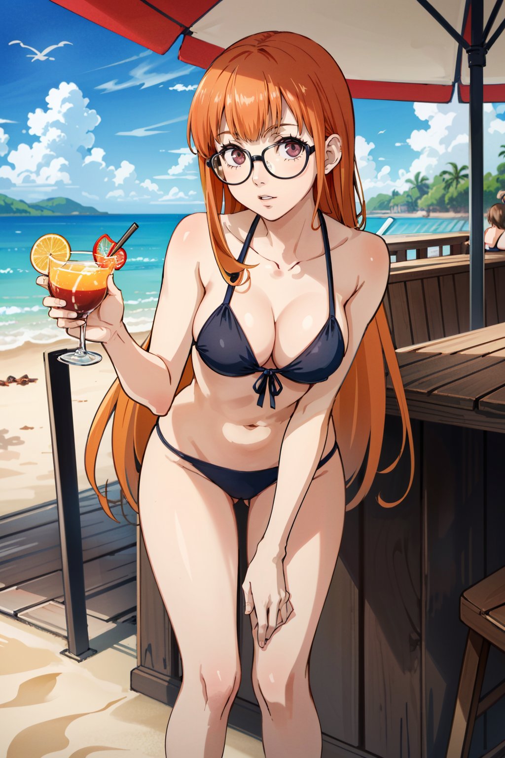 ((masterpiece, best quality))<lora:Persona5FutabaSakura:0.9>Persona5FutabaSakura, 1girl, solo, long hair, glasses,  at a beachside bar, bikini, sipping a cocktail, leaning forward with hands on knees 