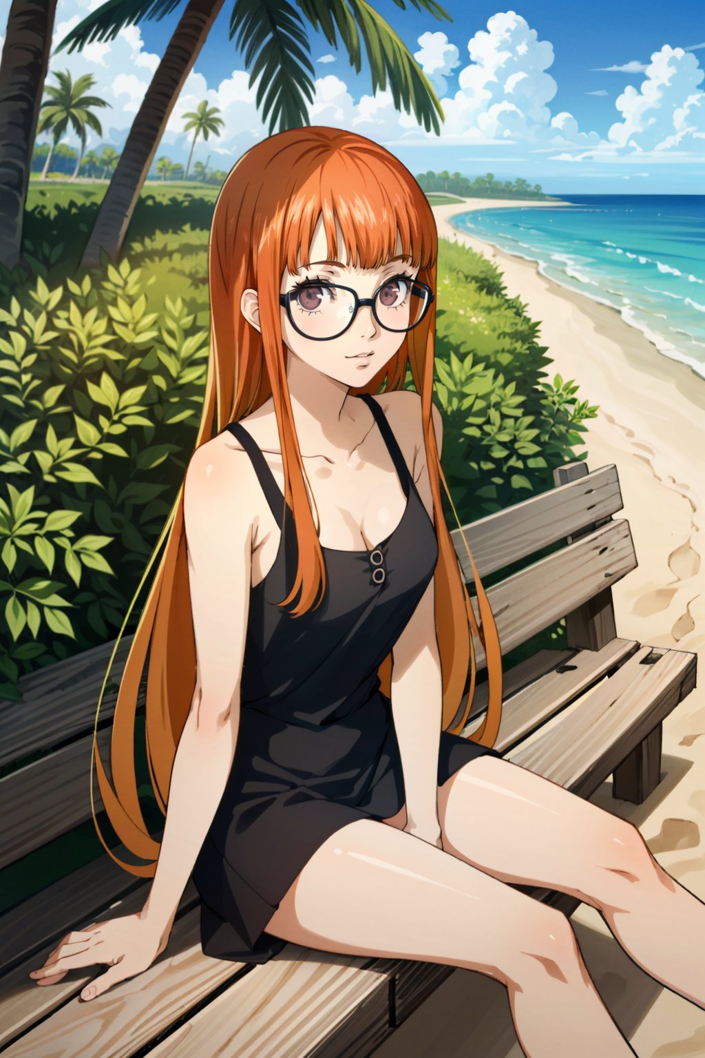 ((masterpiece, best quality))<lora:Persona5FutabaSakura:0.9>Persona5FutabaSakura, 1girl, solo, long hair, glasses,  on the sandy beach, minidress, palm trees in the background, sitting cross-legged 