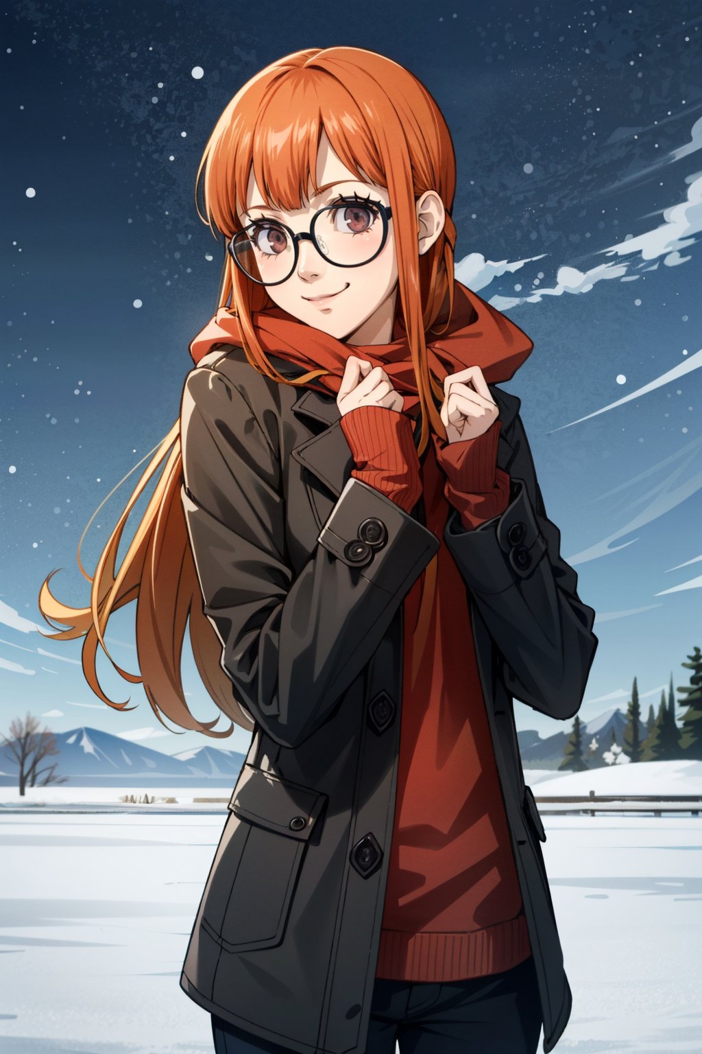 ((masterpiece, best quality))<lora:Persona5FutabaSakura:0.9>Persona5FutabaSakura, 1girl, solo, long hair, glasses,  in a winter wonderland, cowboy shot, winter clothing, smile 