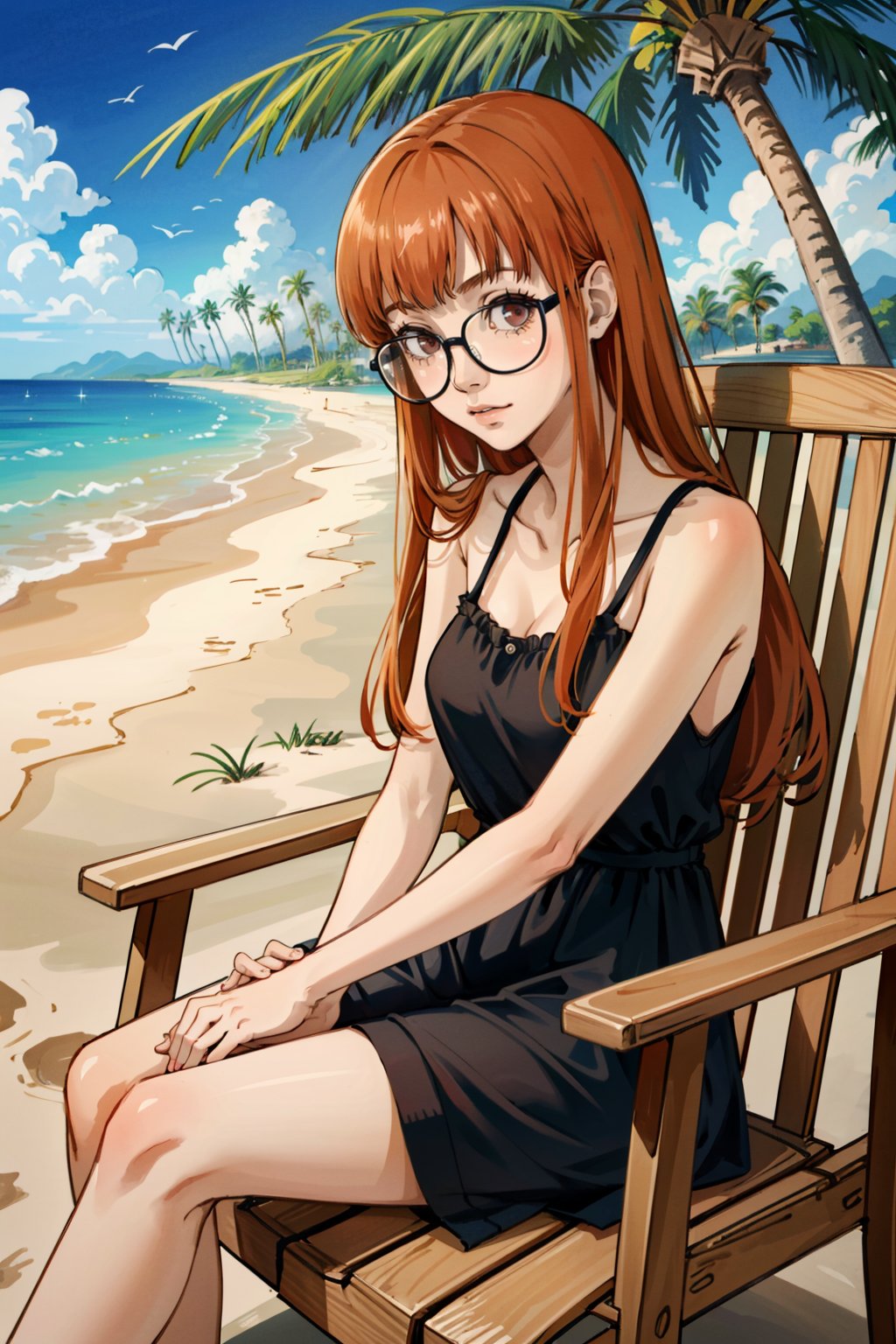 ((masterpiece, best quality))<lora:Persona5FutabaSakura:0.9>Persona5FutabaSakura, 1girl, solo, long hair, glasses,  on the sandy beach, minidress, palm trees in the background, sitting cross-legged 