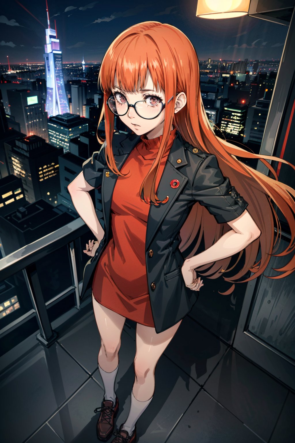 ((masterpiece, best quality))<lora:Persona5FutabaSakura:0.9>Persona5FutabaSakura, 1girl, solo, long hair, glasses,  overlooking a cityscape at night from a skyscraper, short dress, standing with hands on hips 