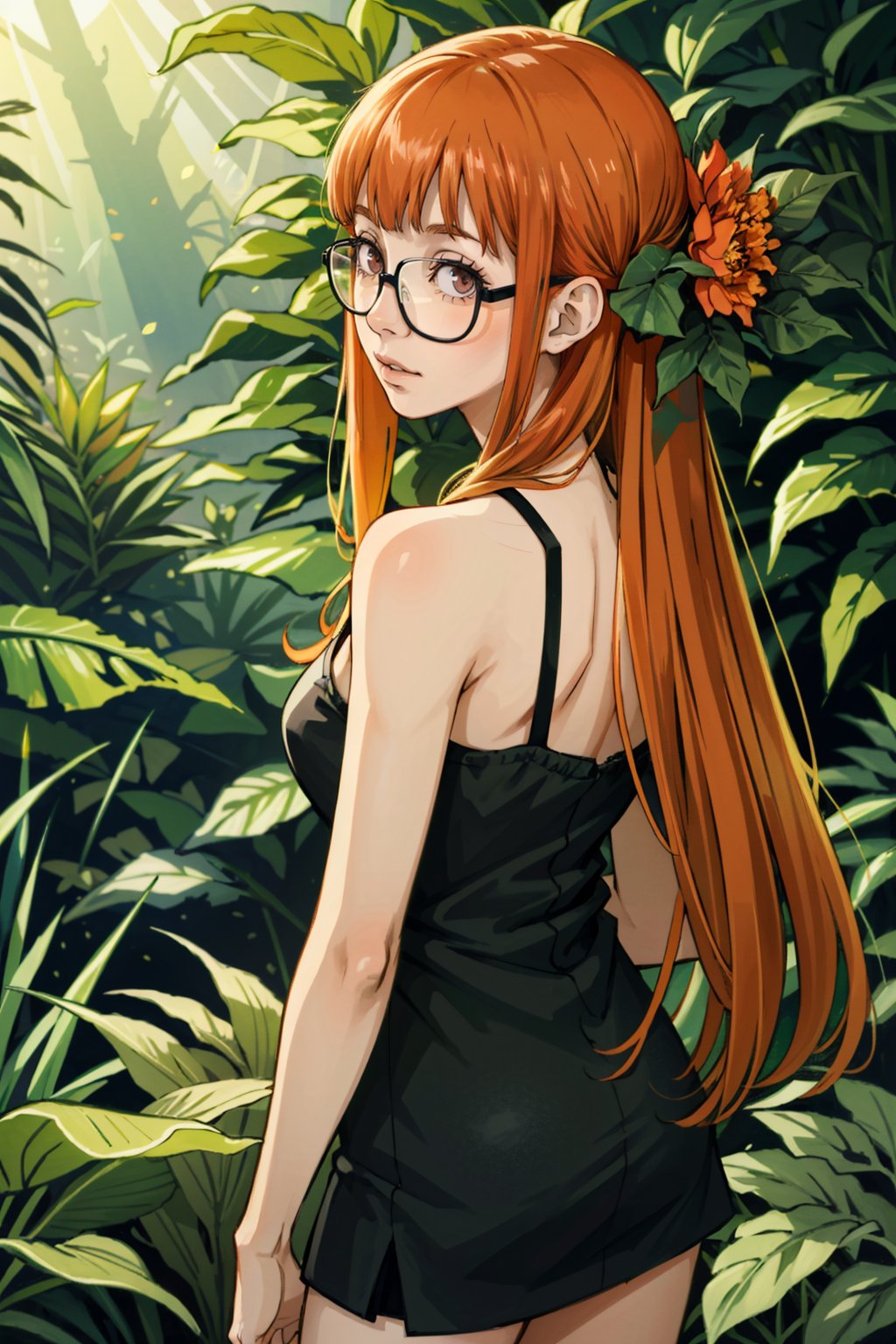 ((masterpiece, best quality))<lora:Persona5FutabaSakura:0.9>Persona5FutabaSakura, 1girl, solo, long hair, glasses,  in a lush jungle with vibrant flowers, from behind, looking back 