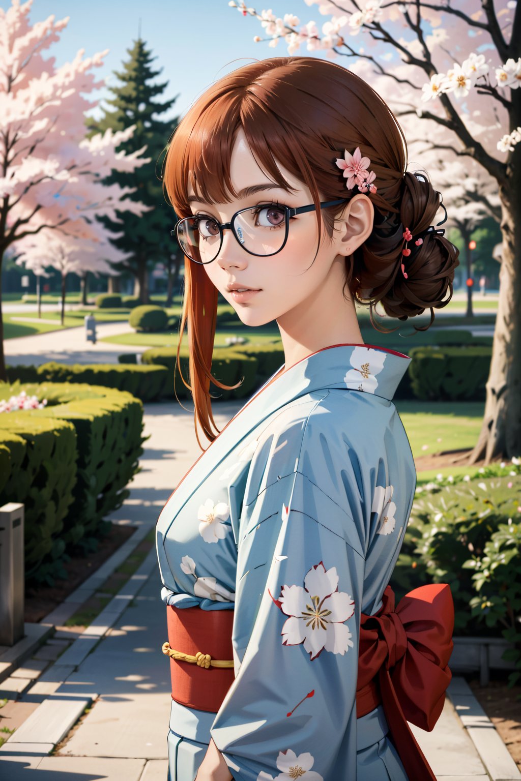 ((masterpiece, best quality))<lora:Persona5FutabaSakura:0.9>Persona5FutabaSakura, 1girl, solo, long hair, glasses,  walking in a serene Japanese park with cherry blossoms, yukata, and a hair ornament 