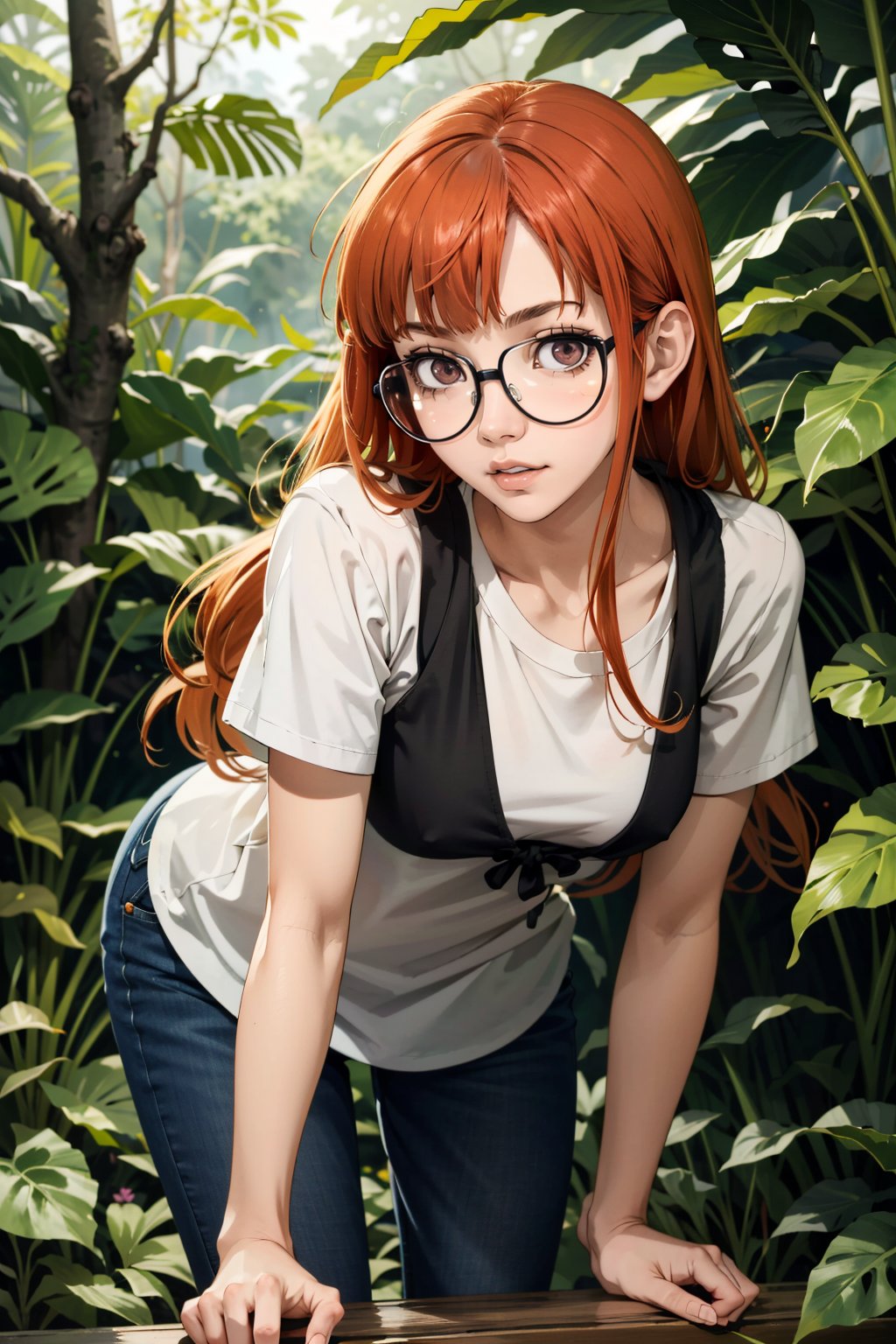 ((masterpiece, best quality))<lora:Persona5FutabaSakura:0.9>Persona5FutabaSakura, 1girl, solo, long hair, glasses,  Amidst a dense rainforest with exotic flowers, leaning forward with hands on knees 