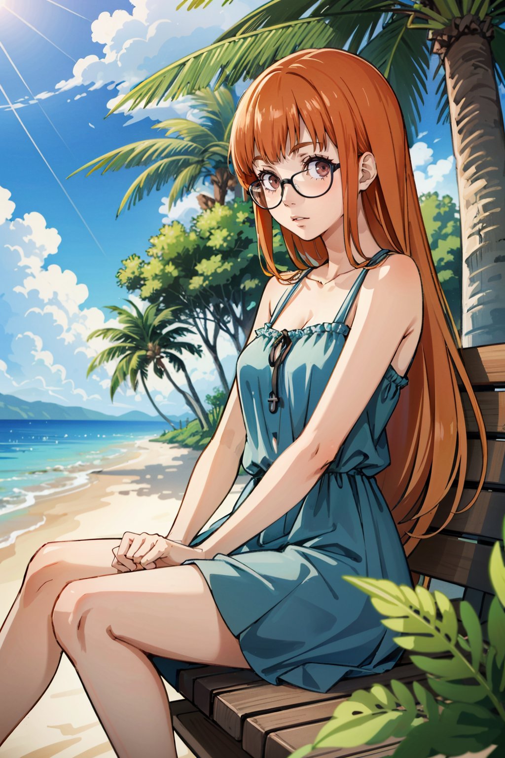 ((masterpiece, best quality)) <lora:Persona5FutabaSakura-000005:0.8>Persona5FutabaSakura, 1girl, solo, long hair, glasses,  on a tropical island, sundress, palm trees, sitting cross-legged