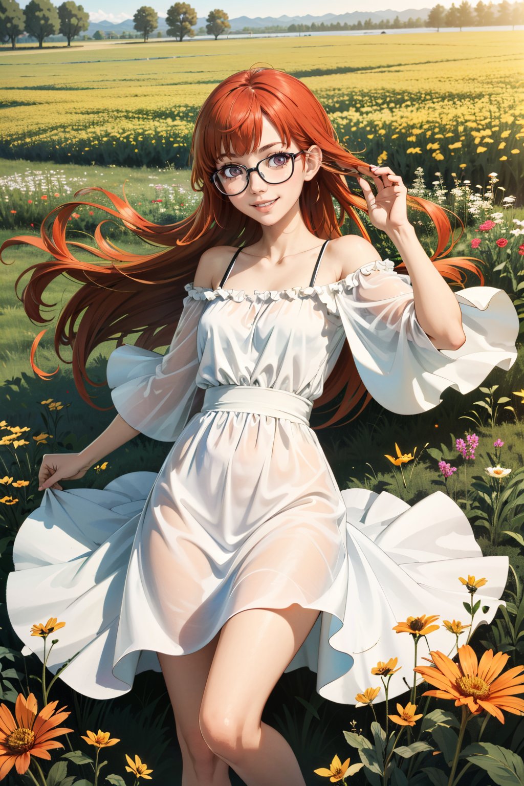 ((masterpiece, best quality))<lora:Persona5FutabaSakura:0.9>Persona5FutabaSakura, 1girl, solo, long hair, glasses,  In a field of wildflowers, wearing a flowing dress, smiling 