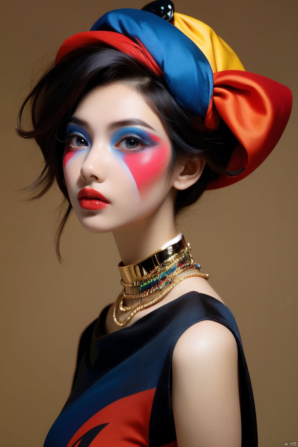  1girl, solo, looking at viewer, blue eyes, hat, upper body, lips, makeup, colored skin, facial mark, lipstick, multicolored clothes, red lips, facepaint, jester cap, colorful, multicolored headwear, clown, Light master, xiqing