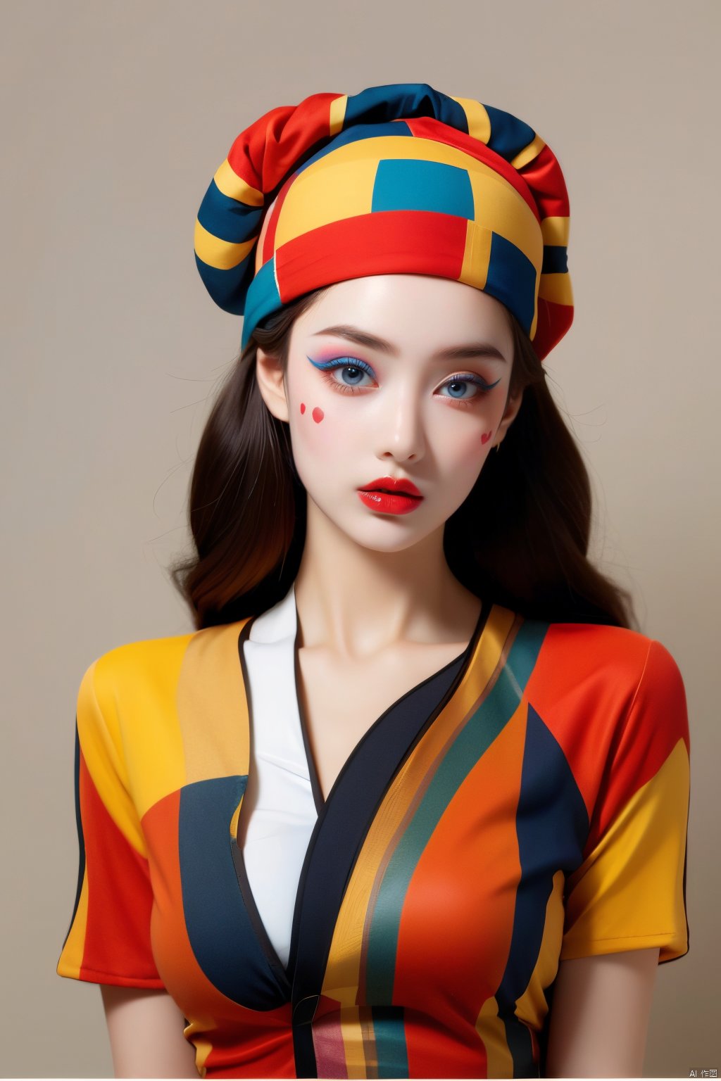  1girl, solo, looking at viewer, blue eyes, hat, upper body, lips, makeup, colored skin, facial mark, lipstick, multicolored clothes, red lips, facepaint, jester cap, colorful, multicolored headwear, clown, Light master, xiqing