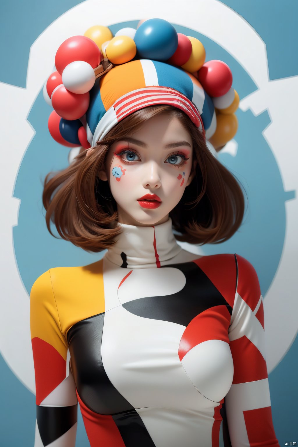  1girl, solo, looking at viewer, blue eyes, hat, upper body, lips, makeup, colored skin, facial mark, lipstick, multicolored clothes, red lips, facepaint, jester cap, colorful, multicolored headwear, clown, Light master, xiqing