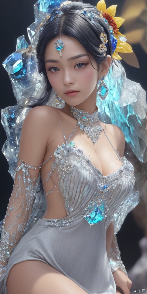 1girl,masterpiece,best quality,masterpiece,best quality,official art,extremely detailed CG unity 16k wallpaper,masterpiece,thigh,((1girl)),(science fiction:1.1),(ultra-detailed crystallization:1.5),(crystallizing girl:1.5),kaleidoscope,((iridescent:1.5) long hair),(glittering silver eyes),sitting,surrounded by colorful crystals,blue skin,(skin fusion with crystal:1.8),looking up,face focus,simple dress,transparent crystals,flat dark background,lens flare,prism, 1 girl, (\meng ze\), qingyi,hair ornament, 1girl, gold armor, huliya, xiaoyixian,whtie hair,ribbed sweater,Han Chinese girls,yellow Hanfu,chinese clothes,large breasts,sunflower,jewelry, earrings,lips, makeup, portrait, eyeshadow, realistic, nose,{{best quality}}, {{masterpiece}}, {{ultra-detailed}}, {illustration}, {detailed light}, {an extremely delicate and beautiful}, a girl, {beautiful detailed eyes}, stars in the eyes, messy floating hair, colored inner hair, Starry sky adorns hair, depth of field, large breasts,cleavage,blurry, no humans, traditional media, gem, crystal, still life, Dance,movements, All the Colours of the Rainbow,zj,
simple background, shiny, blurry, no humans, depth of field, black background, gem, crystal, realistic, red gemstone, still life,
