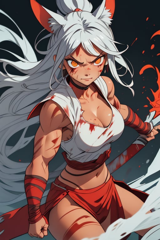 Shockingly Beautiful exotic tanned female kitsune barbarian walking toward the camera, slim fit slender toned lean, very muscular, chubby, holding a huge oversized spear with a stylized red glowing blade, long wild silver hair, glowing golden eyes, intense angry expression, slight wicked evil smile, blood splatter smeared and dripping, large red rage aura