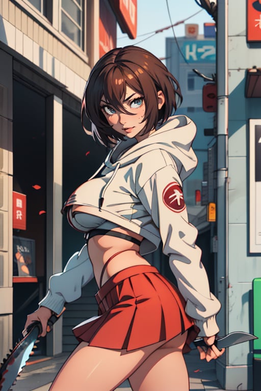 (best quality:0.8) perfect anime illustration, a pretty, happy woman with short curly brown hair on the street in the city, wearing a hoodie, skirt,outfit-km,fellajob,makima (chainsaw man),hmmikasa, fellatio,Sexy Big Breast, paizuri,More Detail
