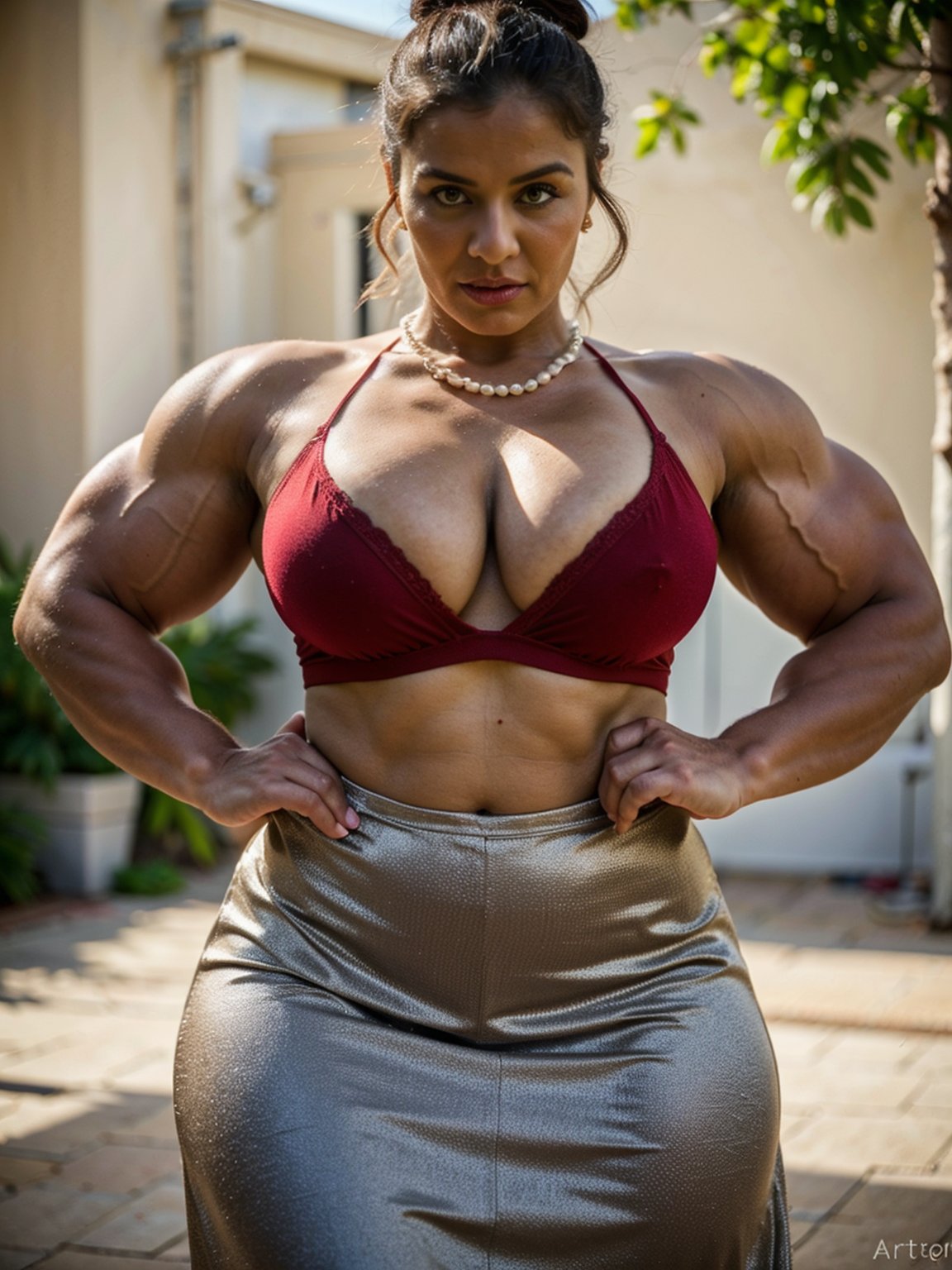 Sexy woman ((30 yo, milf, sexy magician with round tits)), ((muscle goddess)), (shot from front), ((pearl necklace)), modelshoot style, epic realistic, ((big tits, deep cleavage, muscular queen, bodybuilder physique, hard , erect )), ( magician girl:0.7), red smokey eyes, erotic, sexy lace red maxi dress, , tree vines encircle, ((beautiful head band, well oiled hair, voluminous hair, tight hair bun)), beautiful surreal background , ultra clarity , super realism , 8k, ((natural skin texture, hyperrealism, soft light, sharp:1.2)), (intricate details:1.12), hdr, (dark shot:1.22), neutral colors, (hdr:1.4), (muted colors:1.4), (intricate), (artstation:1.2), hyperdetailed, dramatic, intricate details, (technicolor:0.9), (rutkowski:0.8), cinematic, detailed,