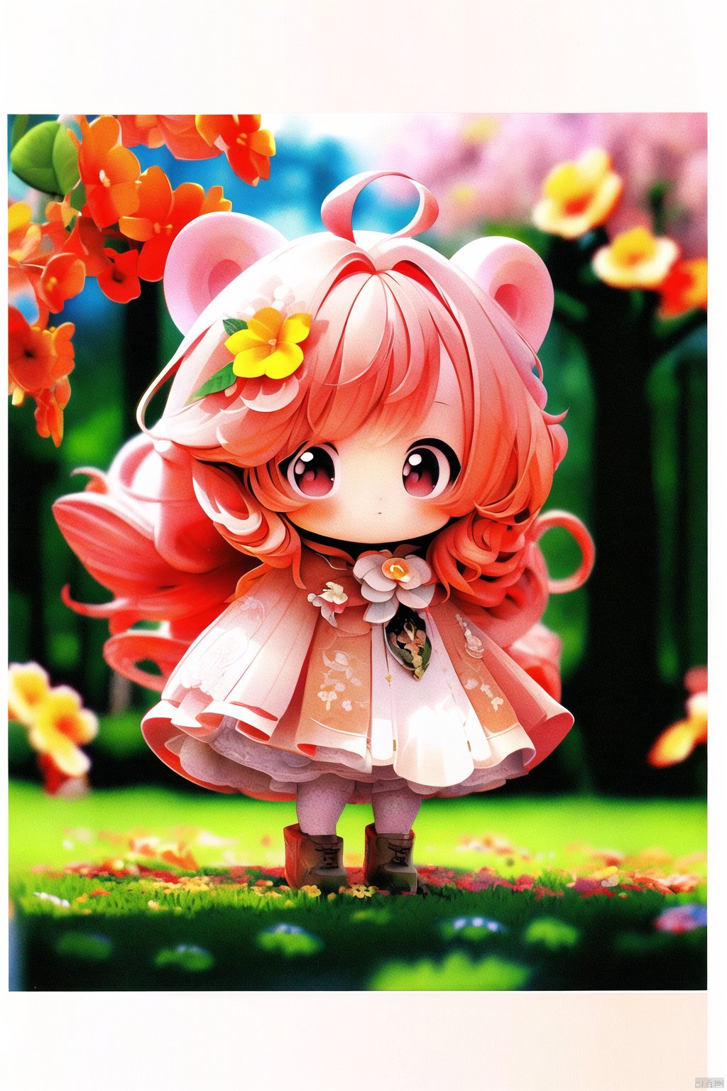  masterpiece, best quality,8K,official art, ultra high res,

1girl,chibi, full body, 
outdoors, flowers, trees,