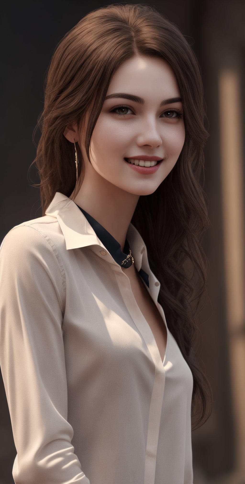 photorealistic, masterpiece, best quality, raw photo, 1girl, solo, long hair, brown hair, detailed face, alluring face, collared shirt, medium breasts, dynamic pose, looking at viewer, detailed background, fine detailed, intricate detail, ray tracing, depth of field, low key, hdr, smile,