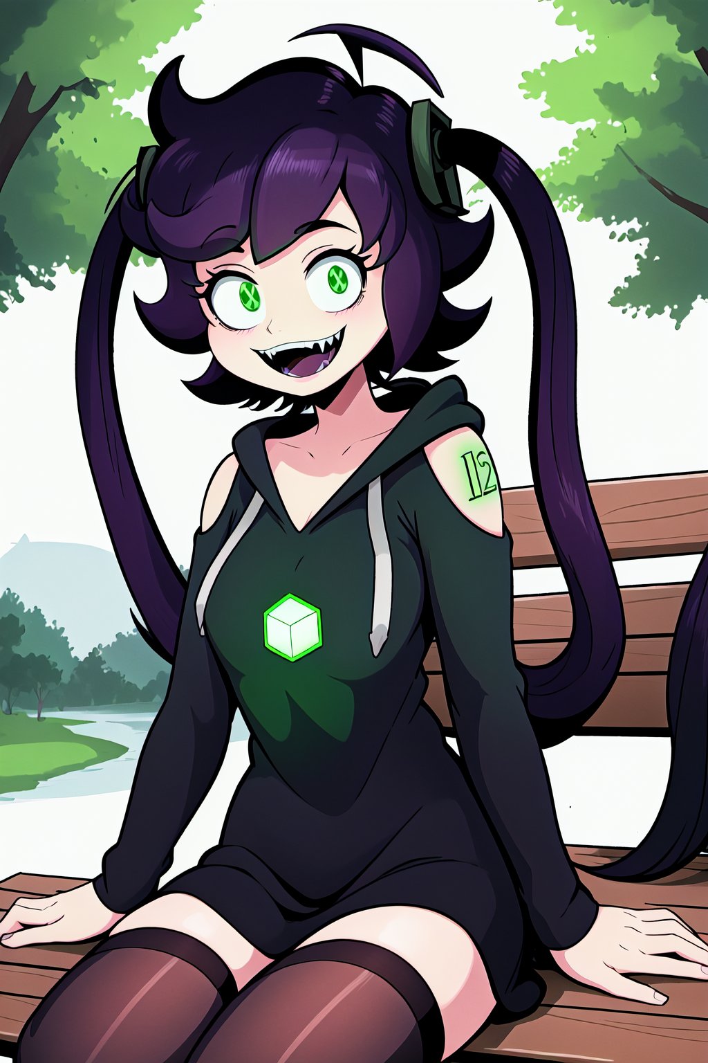 IC0n, 1girl, short purple hair, ahoge, long twin tails, green eyes, black hoodie, glowing green cube on chest, glowing green tattoos on shoulder, open shoulders, black thighhighs, black boots, :d, open mouth, smile, fangs, looking at viewer, (sitting on a bench:1.3), better_hands, perfect hands, 
BREAK, 
outdoors, park, trees, grass, sunny day, 
BREAK, 
masterpiece, best quality, highly quality, cinematic lighting, perfect lighting, cowboy_shot, dynamic angle