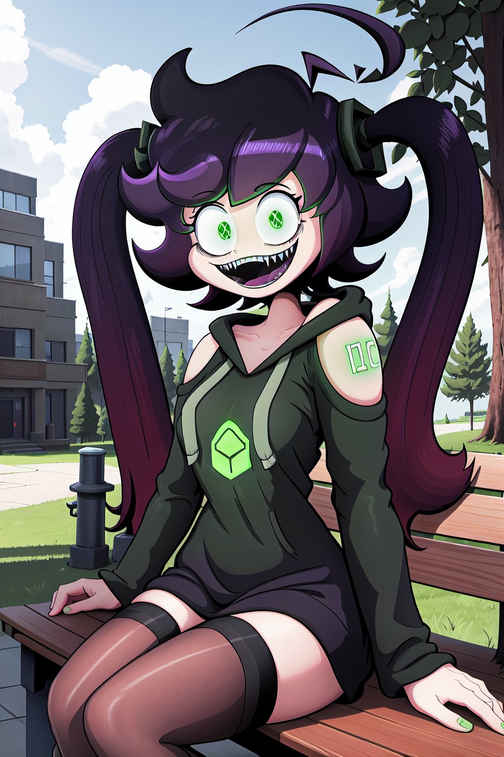 IC0n, 1girl, short purple hair, ahoge, long twin tails, green eyes, black hoodie, glowing green cube on chest, glowing green tattoos on shoulder, open shoulders, black thighhighs, black boots, :d, open mouth, smile, fangs, looking at viewer, (sitting on a bench:1.1), better_hands, perfect hands, 
BREAK, 
outdoors, park, trees, grass, sunny day, complex background, detailed background, 
BREAK, 
masterpiece, best quality, highly quality, cinematic lighting, perfect lighting, cowboy_shot, dynamic angle, SpoopyStories
