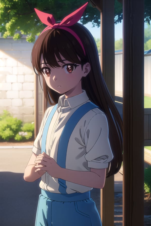 zombieanju, <lora:zom100 anju s1-lora-nochekaiser:1>,anju, long hair, black hair, (brown eyes:1.5), hairband, ribbon, hair ribbon,BREAK shirt, bow, white shirt, short sleeves, suspenders,BREAK outdoors, village, sun, sky, clouds,BREAK looking at viewer, (cowboy shot:1.5),BREAK <lyco:GoodHands-beta2:1>, (masterpiece:1.2), best quality, high resolution, unity 8k wallpaper, (illustration:0.8), (beautiful detailed eyes:1.6), extremely detailed face, perfect lighting, extremely detailed CG, (perfect hands, perfect anatomy),