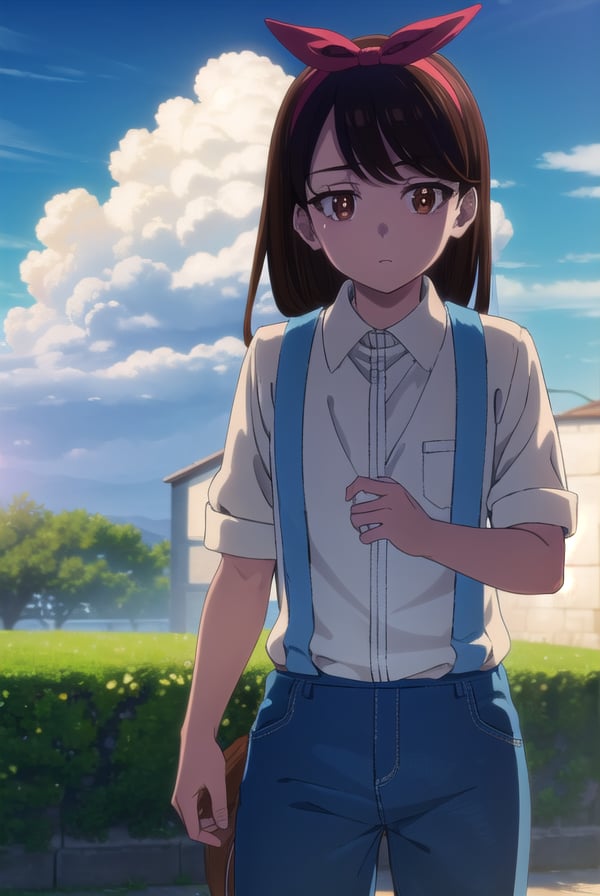 zombieanju, <lora:zom100 anju s1-lora-nochekaiser:1>,anju, long hair, black hair, (brown eyes:1.5), hairband, ribbon, hair ribbon,BREAK shirt, bow, white shirt, short sleeves, suspenders,BREAK outdoors, village, sun, sky, clouds,BREAK looking at viewer, (cowboy shot:1.5),BREAK <lyco:GoodHands-beta2:1>, (masterpiece:1.2), best quality, high resolution, unity 8k wallpaper, (illustration:0.8), (beautiful detailed eyes:1.6), extremely detailed face, perfect lighting, extremely detailed CG, (perfect hands, perfect anatomy),