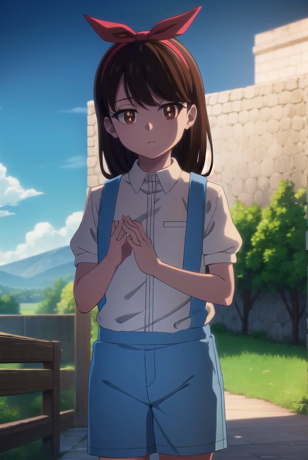 zombieanju, <lora:zom100 anju s1-lora-nochekaiser:1>,anju, long hair, black hair, (brown eyes:1.5), hairband, ribbon, hair ribbon,BREAK shirt, bow, white shirt, short sleeves, suspenders,BREAK outdoors, village, sun, sky, clouds,BREAK looking at viewer, (cowboy shot:1.5),BREAK <lyco:GoodHands-beta2:1>, (masterpiece:1.2), best quality, high resolution, unity 8k wallpaper, (illustration:0.8), (beautiful detailed eyes:1.6), extremely detailed face, perfect lighting, extremely detailed CG, (perfect hands, perfect anatomy),