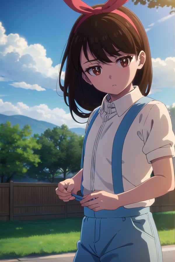 zombieanju, <lora:zom100 anju s1-lora-nochekaiser:1>,anju, long hair, black hair, (brown eyes:1.5), hairband, ribbon, hair ribbon,BREAK shirt, bow, white shirt, short sleeves, suspenders,BREAK outdoors, village, sun, sky, clouds,BREAK looking at viewer, (cowboy shot:1.5),BREAK <lyco:GoodHands-beta2:1>, (masterpiece:1.2), best quality, high resolution, unity 8k wallpaper, (illustration:0.8), (beautiful detailed eyes:1.6), extremely detailed face, perfect lighting, extremely detailed CG, (perfect hands, perfect anatomy),